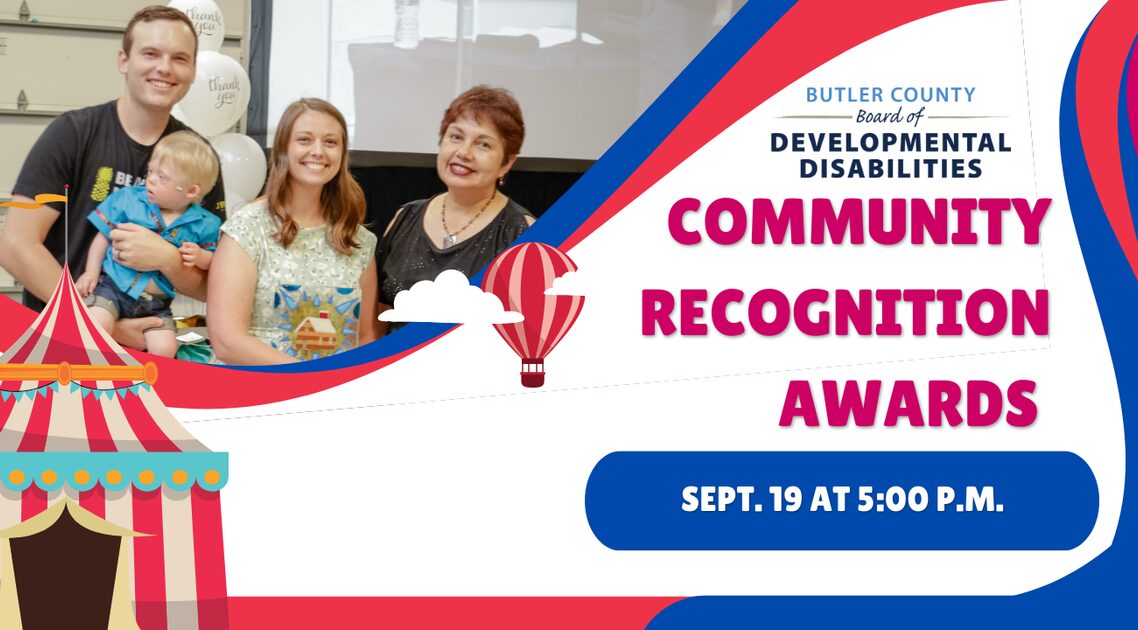 Infographic features a hot hair balloon and a circus tent. A picture on the graphic shows three people smiling at the camera. Text reads: Community Recognition Awards.