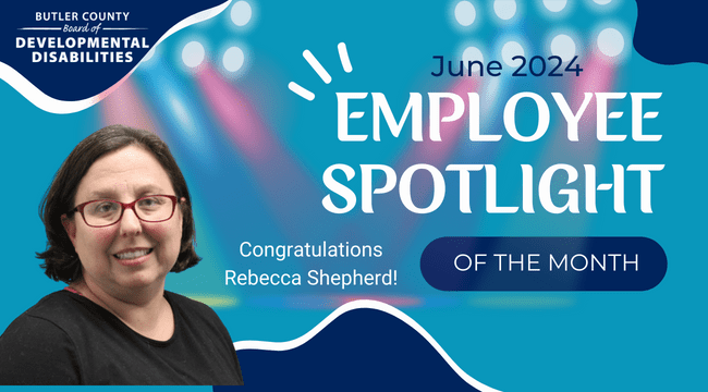 A graphic with a spotlight and a headshot with text that reads, "Congratulations Rebecca Shepherd, June 2024 Employee Spotlight of the Month."