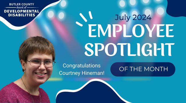 A graphic with a spotlight and a headshot of female smiling with text that reads, "Congratulations Courtney Hineman, July 2024 Employee Spotlight of the Month."