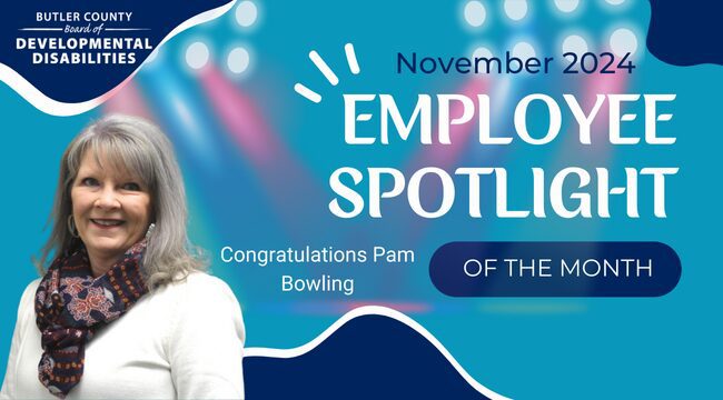 A graphic with a spotlight and a headshot of female smiling with text that reads, "Congratulations Pam Bowling, November 2024 Employee Spotlight of the Month."