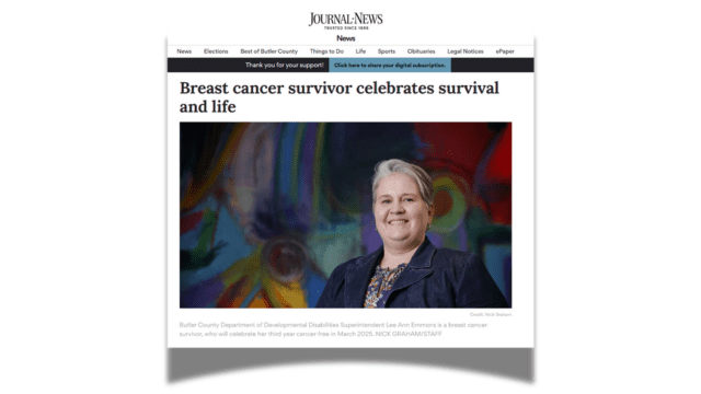 A screen shot of a Journal News article with a headline that reads: Breast cancer survivor celebrates survival and life. Below the headline is a picture of a professionally dressed woman smiling at the camera.