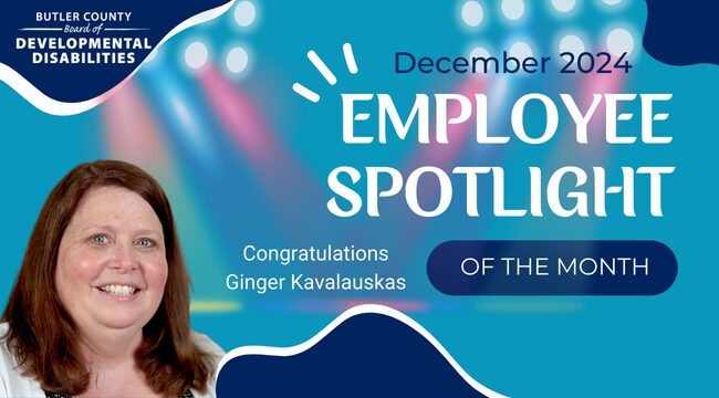 A graphic with a spotlight and a headshot of female smiling with text that reads, "Congratulations Ginger Kavalauskas, December 2024 Employee Spotlight of the Month."