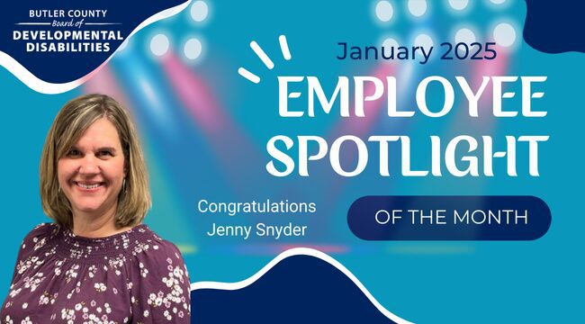 A graphic with a spotlight and a headshot of female smiling with text that reads, "Congratulations Jenny Snyder, January 2025 Employee Spotlight of the Month."